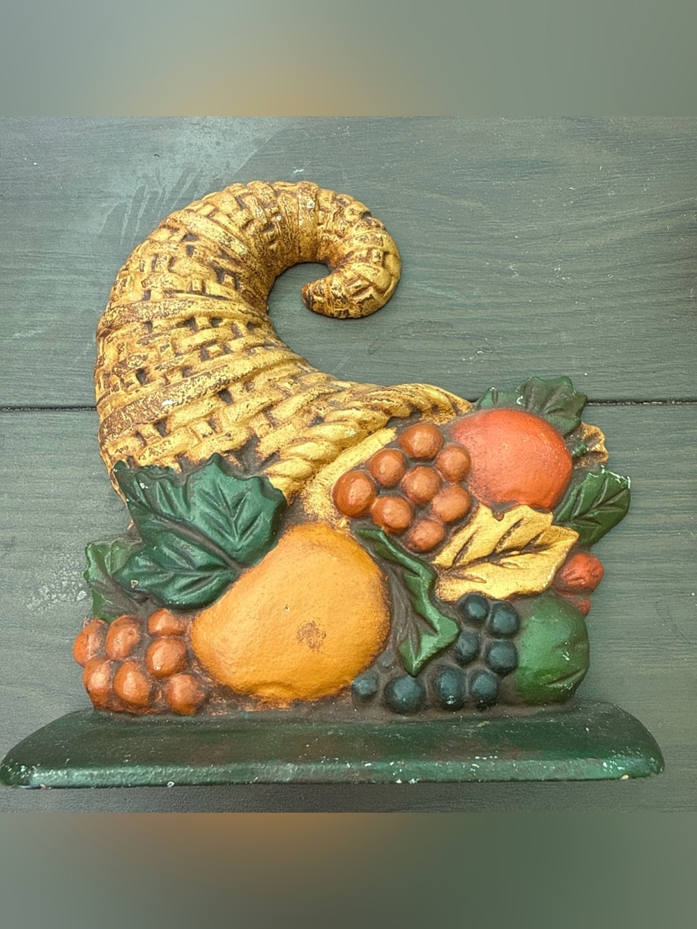 Antique Cast Iron fall Thanksgiving Cornucopia Door Stop Horn Of Plenty 7 1/4"